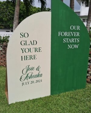 wedding decor rentals in jamaica - elegant tables, chairs backdrop and welcome sign